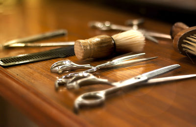High angle view of objects on table