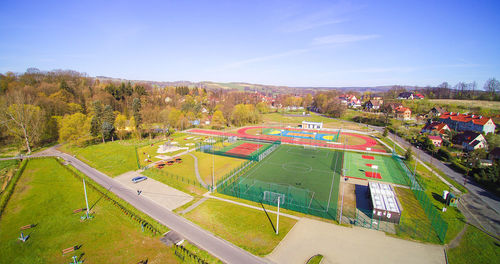 High angle view of soccer field against sky, sports complex in lesna.