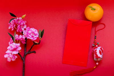 Close-up of pink rose with red flower