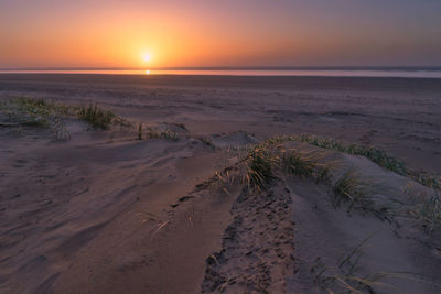 Scenic view of beach against sky during sunset