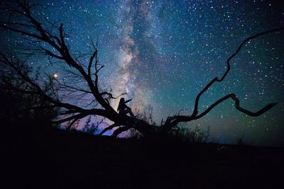 Low angle view of silhouette woman on tree against sky at night