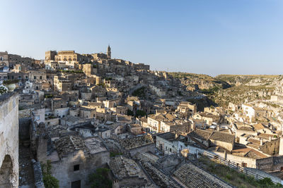 High angle shot of townscape against clear sky