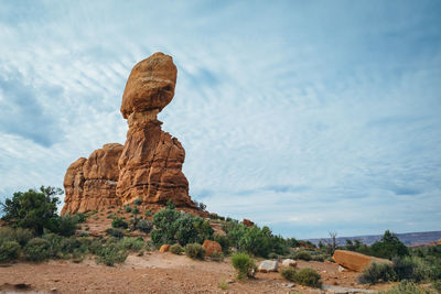 Rock formations on landscape against cloudy sky