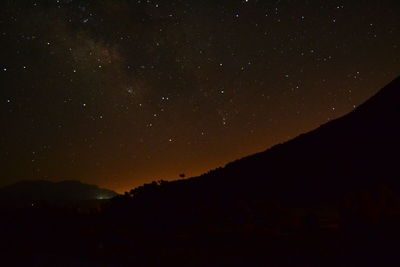 Scenic view of silhouette mountain against sky at night