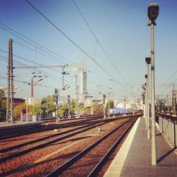 Railroad tracks against clear sky