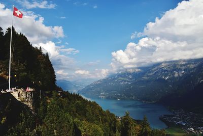 Scenic view of lake and mountains against sky