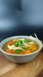 Close-up of soup in bowl on table