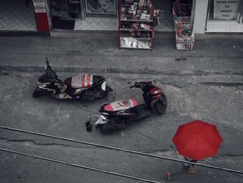 High angle view of people on motorcycle