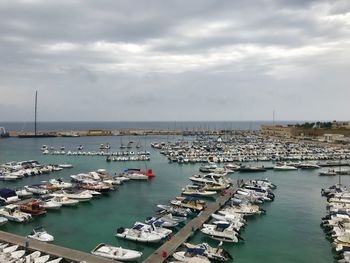 High angle view of sailboats moored at harbor