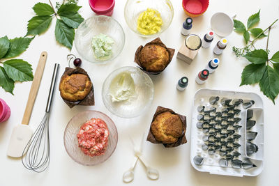 High angle view of breakfast served on table