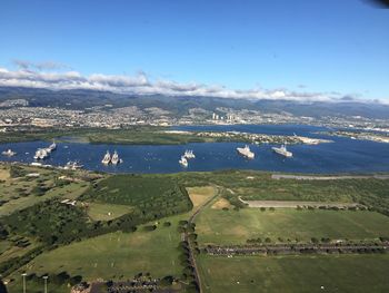 High angle view of land against sky