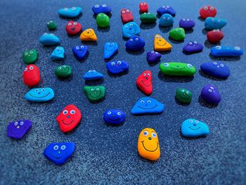 High angle view of multi colored toys