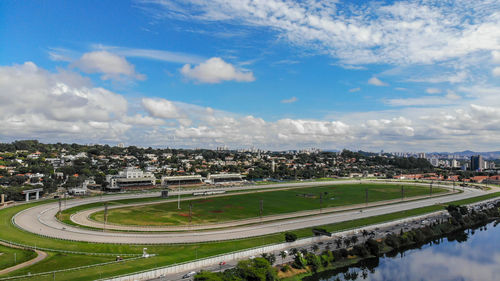 High angle view of cityscape against sky