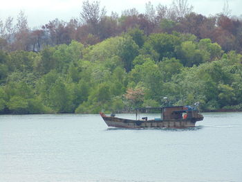 Boat sailing on river amidst trees