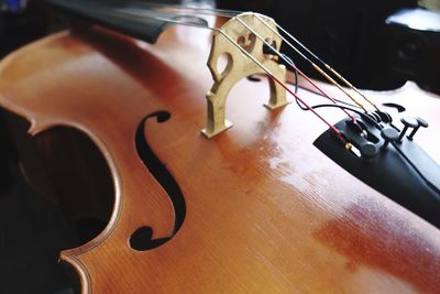 High angle view of guitar on table