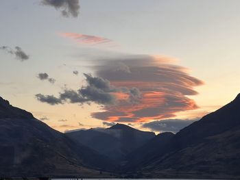 Scenic view of mountains against sky during sunset