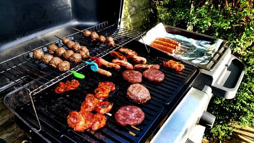 Close-up of meat on barbecue grill