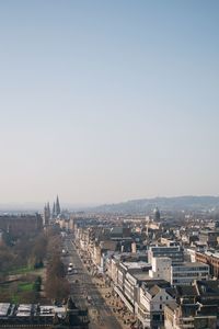 High angle view of buildings against clear sky