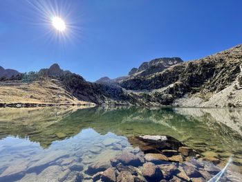 Scenic view of lake and mountains against clear sky