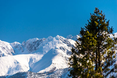 Scenic view of snowcapped mountains against clear blue sky