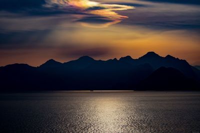 Scenic view of silhouette mountains against sky during sunset