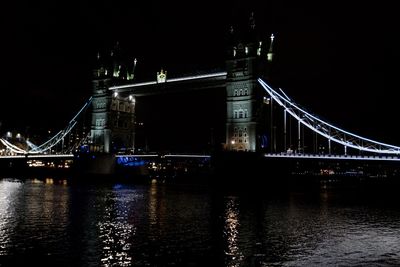 Illuminated bridge over river at night