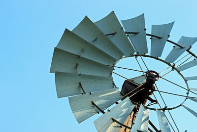 Low angle view of traditional windmill against clear blue sky