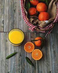 High angle view of fruits in basket on table