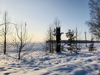 Bare trees on snow covered field against sky