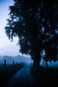 Road amidst silhouette trees on field against sky