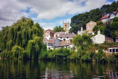 Plants by river and buildings against sky