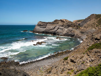 Scenic view of sea against clear blue sky