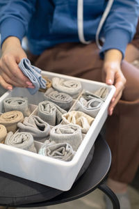 High angle view of man preparing food on table