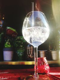 Close-up of wine bottles on table