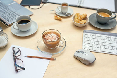 High angle view of objects on table