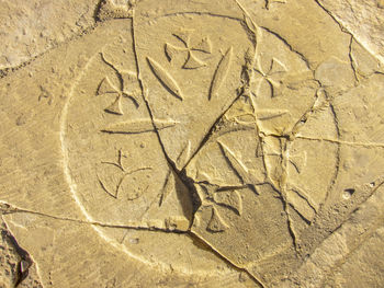 High angle view of text on sand