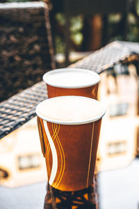 Close-up of beer glass on table