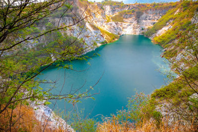 High angle view of lake along trees