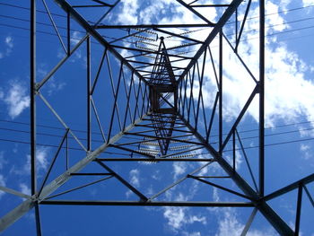 Directly below shot of electricity pylon against sky