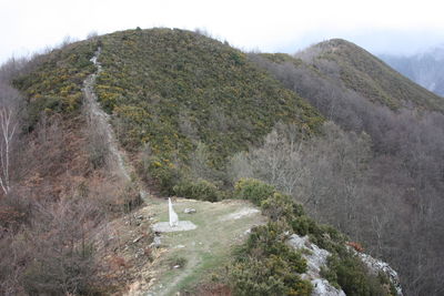 High angle view of plants and mountains against sky