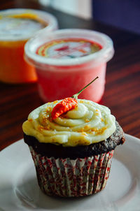 Close-up of cake served on table