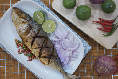 High angle view of breakfast on table