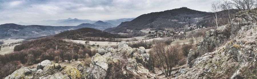 Panoramic view of landscape and mountains against sky