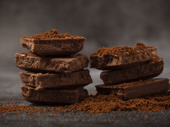 Close-up of chocolate stack on table