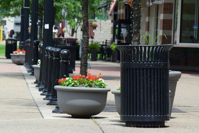 Garbage can by potted plants on sidewalk