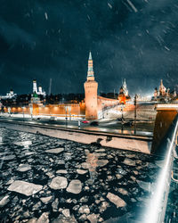 High angle view of city at night