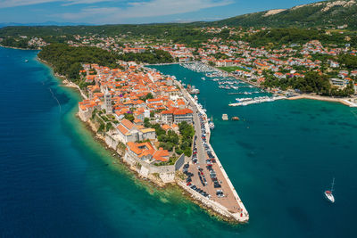 High angle view of boats in sea