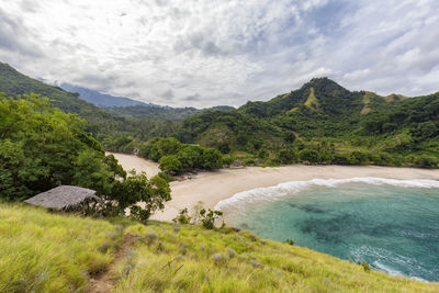 Scenic view of sea and mountains against sky