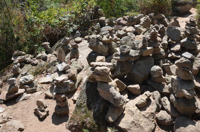 High angle view of stones on rocks in forest