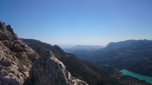 Scenic view of rocky mountains against clear blue sky